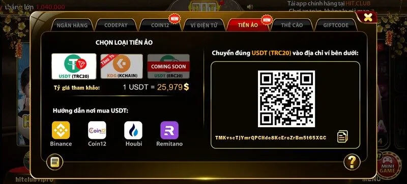 Nạp tiền Hitclub qua tiền ảo